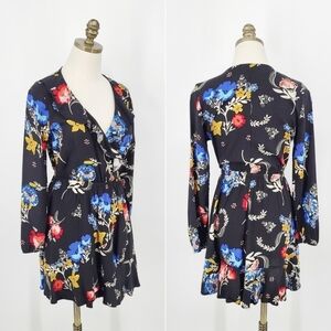 Express Floral Mini Dress Long Sleeve Faux Wrap Ruffle Black Small